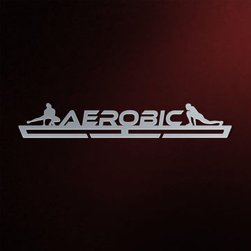 Aerobic Gymnastics Medal Hanger in laser-cut steel on a dark background