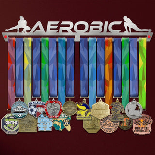 Aerobic Gymnastics Medal Hanger holding a full row of medals on a wall