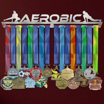 Aerobic Gymnastics Medal Hanger holding a full row of medals on a wall