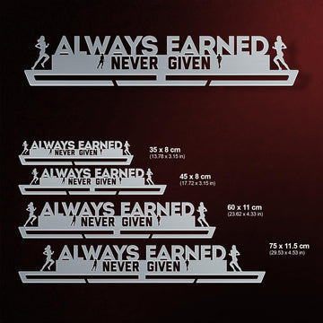 Women's Always Earned Never Given Medal Hanger shown in all available sizes with dimensions