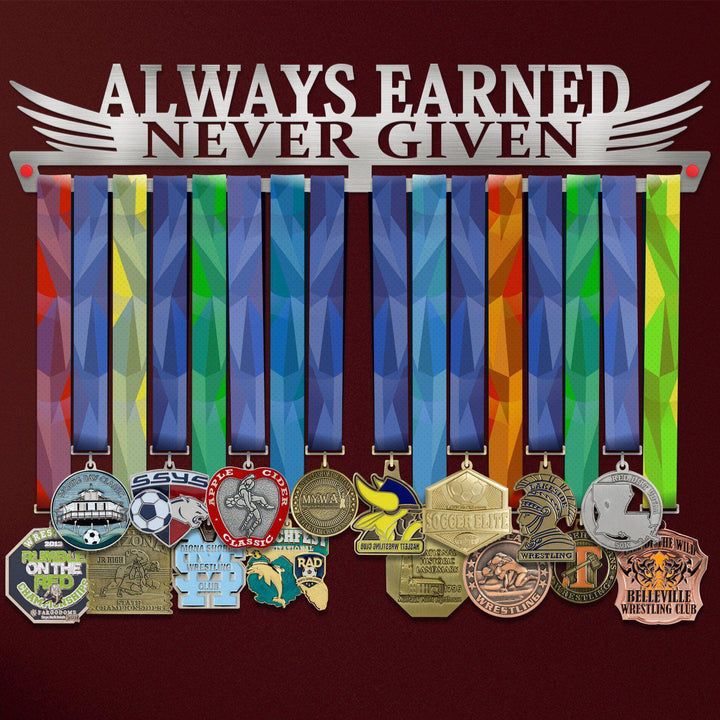 Always Earned Never Given Medal Hanger holding a full row of medals on a wall
