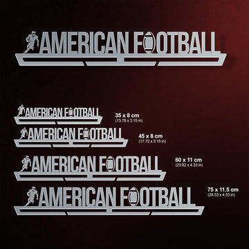 American Football Medal Hanger shown in all available sizes with dimensions