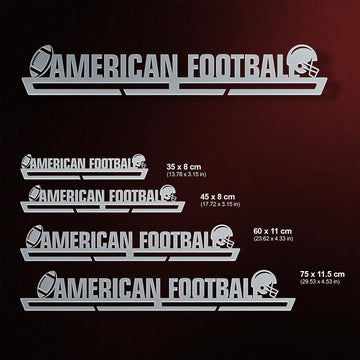 American Football Medal Hanger shown in all available sizes with dimensions