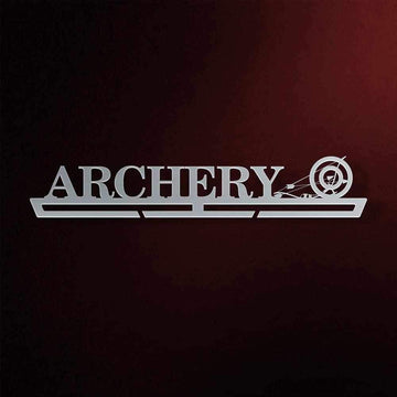 Archery Medal Hanger in laser-cut steel on a dark background