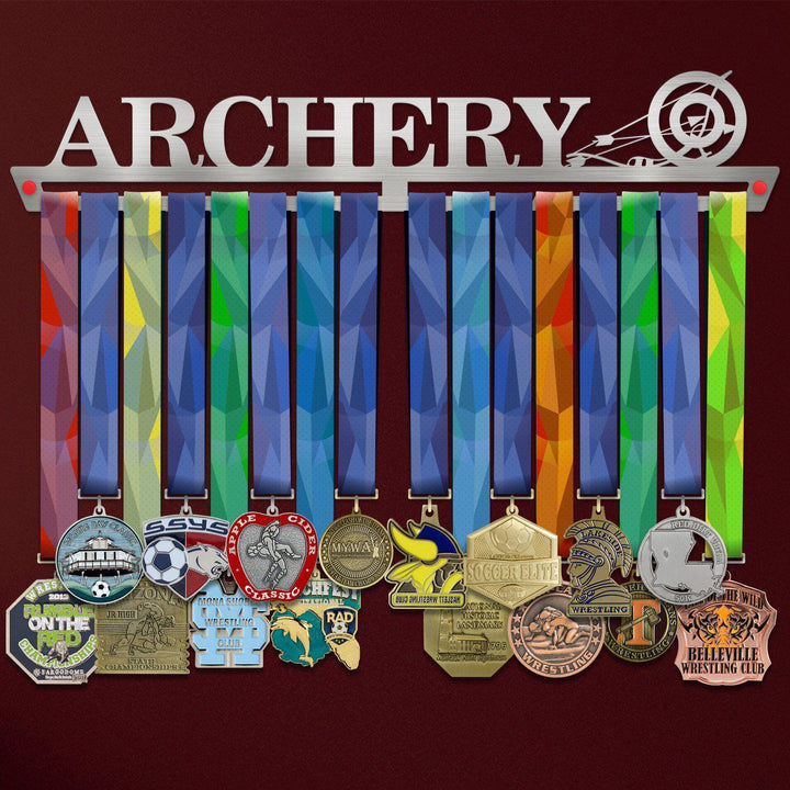 Archery Medal Hanger holding a full row of medals on a wall