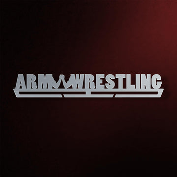 Armwrestling Medal Hanger in laser-cut steel on a dark background