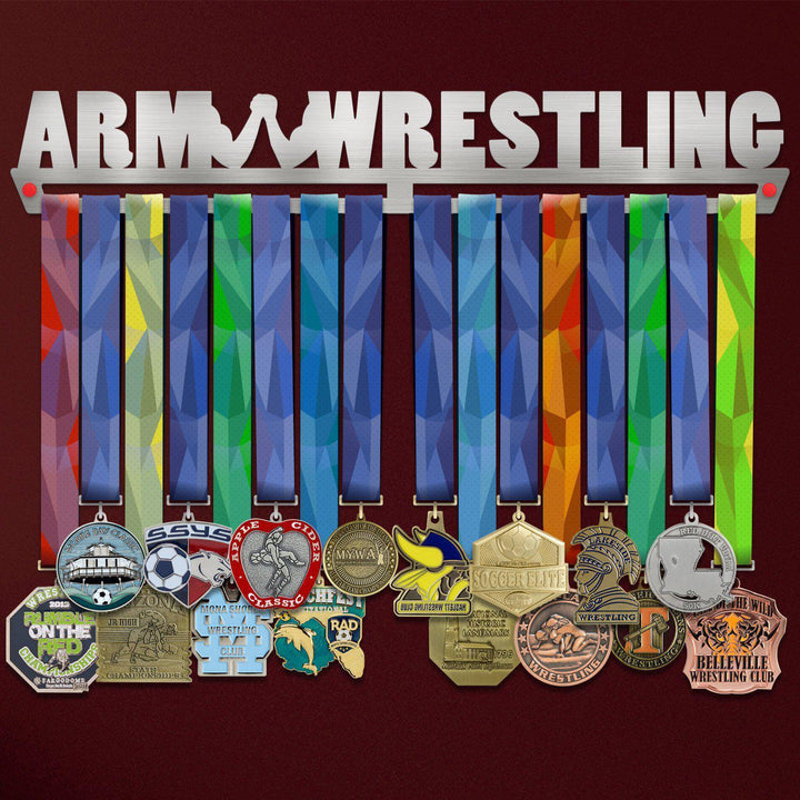 Armwrestling Medal Hanger holding a full row of medals on a wall