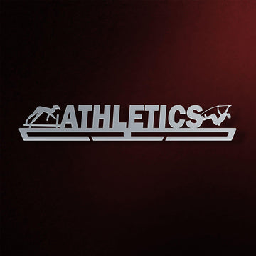 Women's Athletics Medal Hanger in laser-cut steel on a dark background