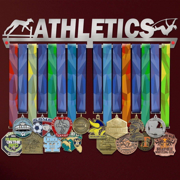 Women's Athletics Medal Hanger holding a full row of medals on a wall