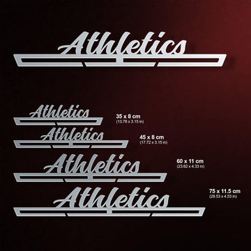 Athletics Medal Hanger shown in all available sizes with dimensions