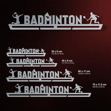 Badminton Medal Hanger shown in all available sizes with dimensions