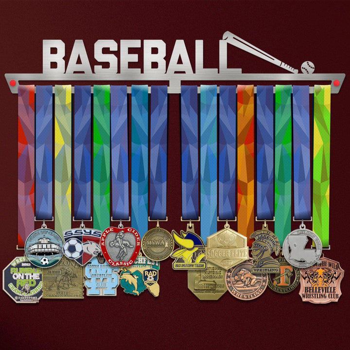 Baseball Medal Hanger holding a full row of medals on a wall