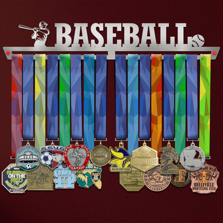 Baseball Medal Hanger holding a full row of medals on a wall