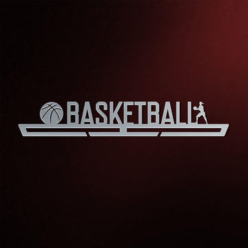 Women's Basketball Medal Hanger in laser-cut steel on a dark background
