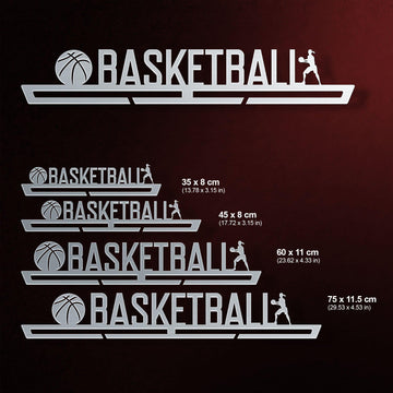 Women's Basketball Medal Hanger shown in all available sizes with dimensions