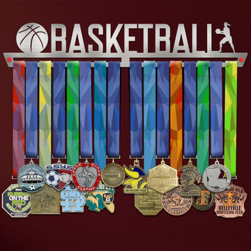 Women's Basketball Medal Hanger holding a full row of medals on a wall