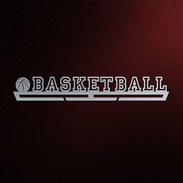 Basketball Medal Hanger in laser-cut steel on a dark background