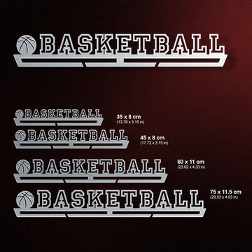 Basketball Medal Hanger shown in all available sizes with dimensions