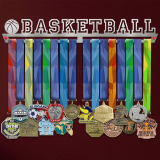 Basketball Medal Hanger holding a full row of medals on a wall
