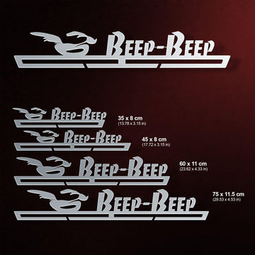 Beep Beep Running Medal Hanger shown in all available sizes with dimensions