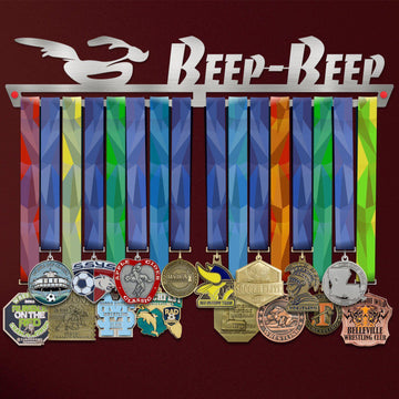 Beep Beep Running Medal Hanger holding a full row of medals on a wall