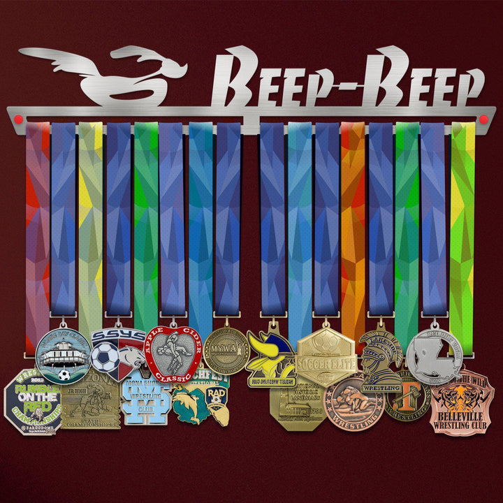 Beep Beep Running Medal Hanger holding a full row of medals on a wall