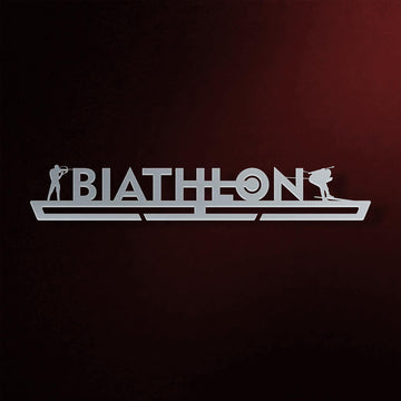 Biathlon Medal Hanger in laser-cut steel on a dark background