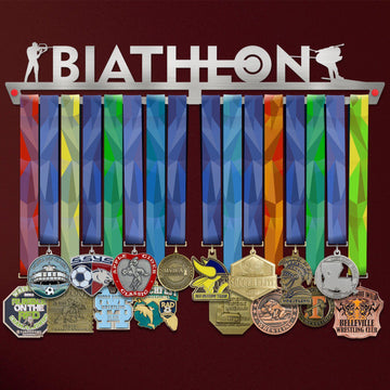 Biathlon Medal Hanger holding a full row of medals on a wall