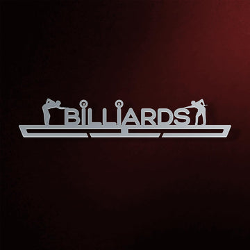 Billiards Medal Hanger in laser-cut steel on a dark background