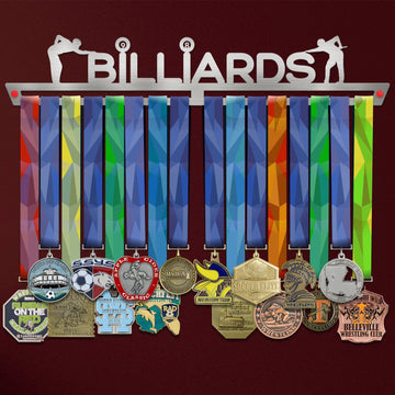 Billiards Medal Hanger holding a full row of medals on a wall