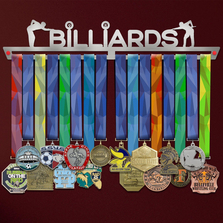 Billiards Medal Hanger holding a full row of medals on a wall