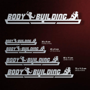 Women's Body Building Medal Hanger shown in all available sizes with dimensions
