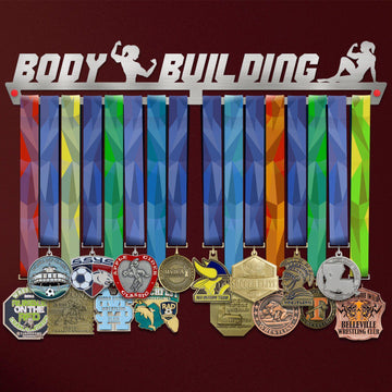 Women's Body Building Medal Hanger holding a full row of medals on a wall