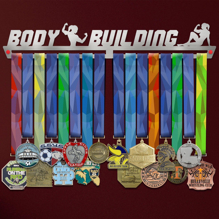 Women's Body Building Medal Hanger holding a full row of medals on a wall