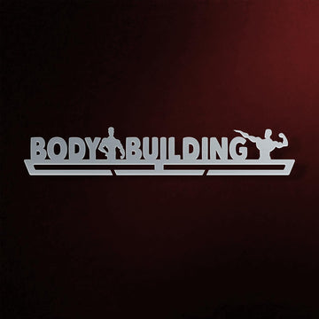 Bodybuilding Medal Hanger in laser-cut steel on a dark background