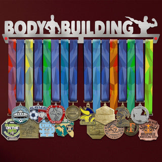 Bodybuilding Medal Hanger holding a full row of medals on a wall