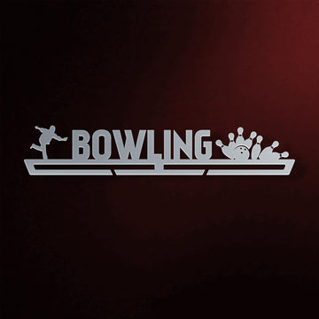 Bowling Medal Hanger in laser-cut steel on a dark background