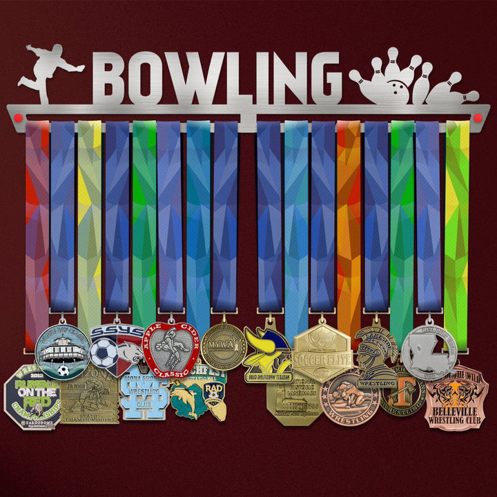 Bowling Medal Hanger holding a full row of medals on a wall