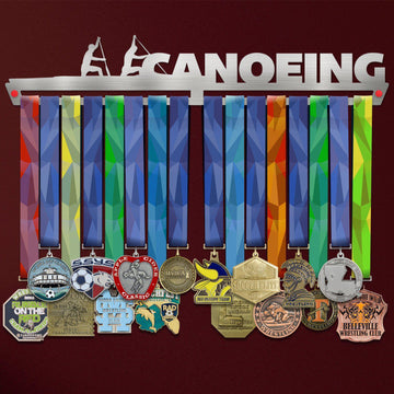 Canoeing Medal Hanger holding a full row of medals on a wall