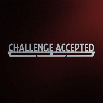Challenge Accepted Medal Hanger in laser-cut steel on a dark background
