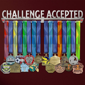 Challenge Accepted Medal Hanger holding a full row of medals on a wall