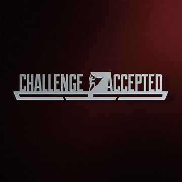 Challenge Accepted Medal Hanger V1 in laser-cut steel on a dark background
