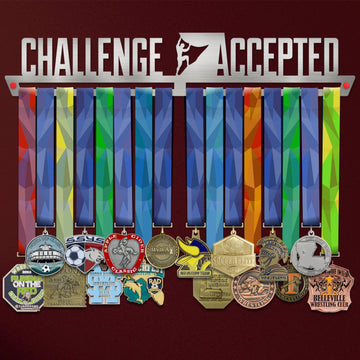 Challenge Accepted Medal Hanger V1 holding a full row of medals on a wall