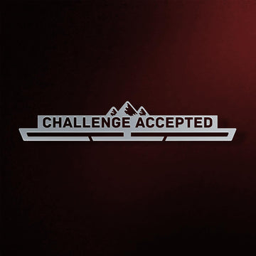Challenge Accepted Medal Hanger V2 in laser-cut steel on a dark background