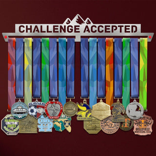 Challenge Accepted Medal Hanger V2 holding a full row of medals on a wall