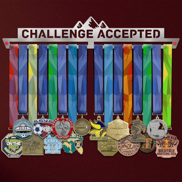 Challenge Accepted Medal Hanger V2 holding a full row of medals on a wall