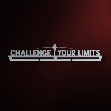 Challenge Your Limits Medal Hanger in laser-cut steel on a dark background