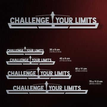 Challenge Your Limits Medal Hanger shown in all available sizes with dimensions