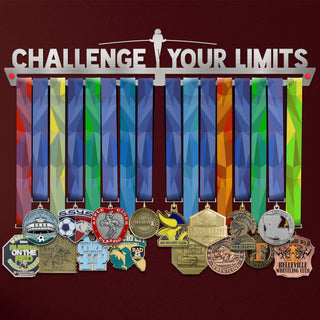 Challenge Your Limits Medal Hanger holding a full row of medals on a wall