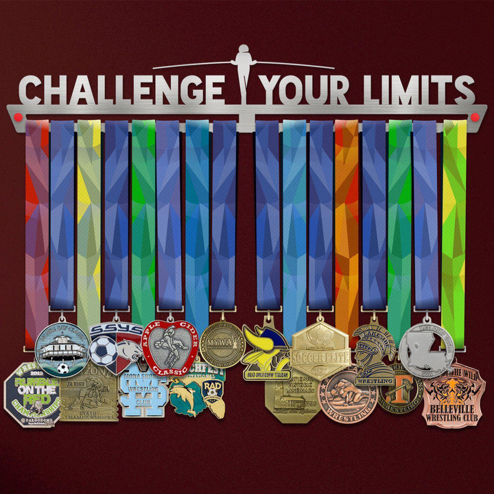 Challenge Your Limits Medal Hanger holding a full row of medals on a wall